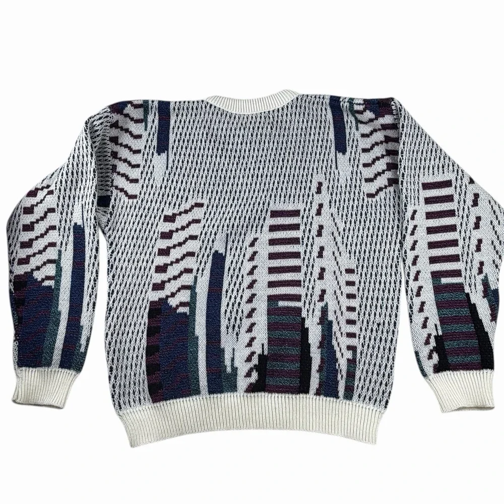 VTG 80s Jantzen Layered Sweater Grandpa White Blue Green Preppy Sz S/M Geometric
